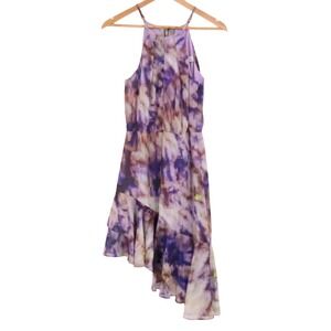 Adelyn Rae‎ Halter Asymmetrical Ruffle Dress Purple Watercolor Chiffon Size XS